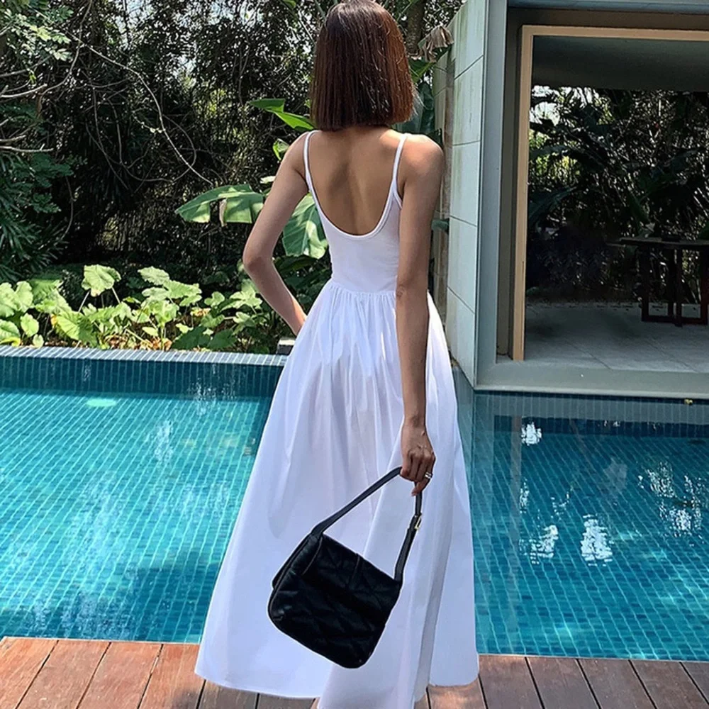 Chic White Sleeveless Patchwork Pockets Cotton Cami Midi Dress Size XS - Picture 2 of 8